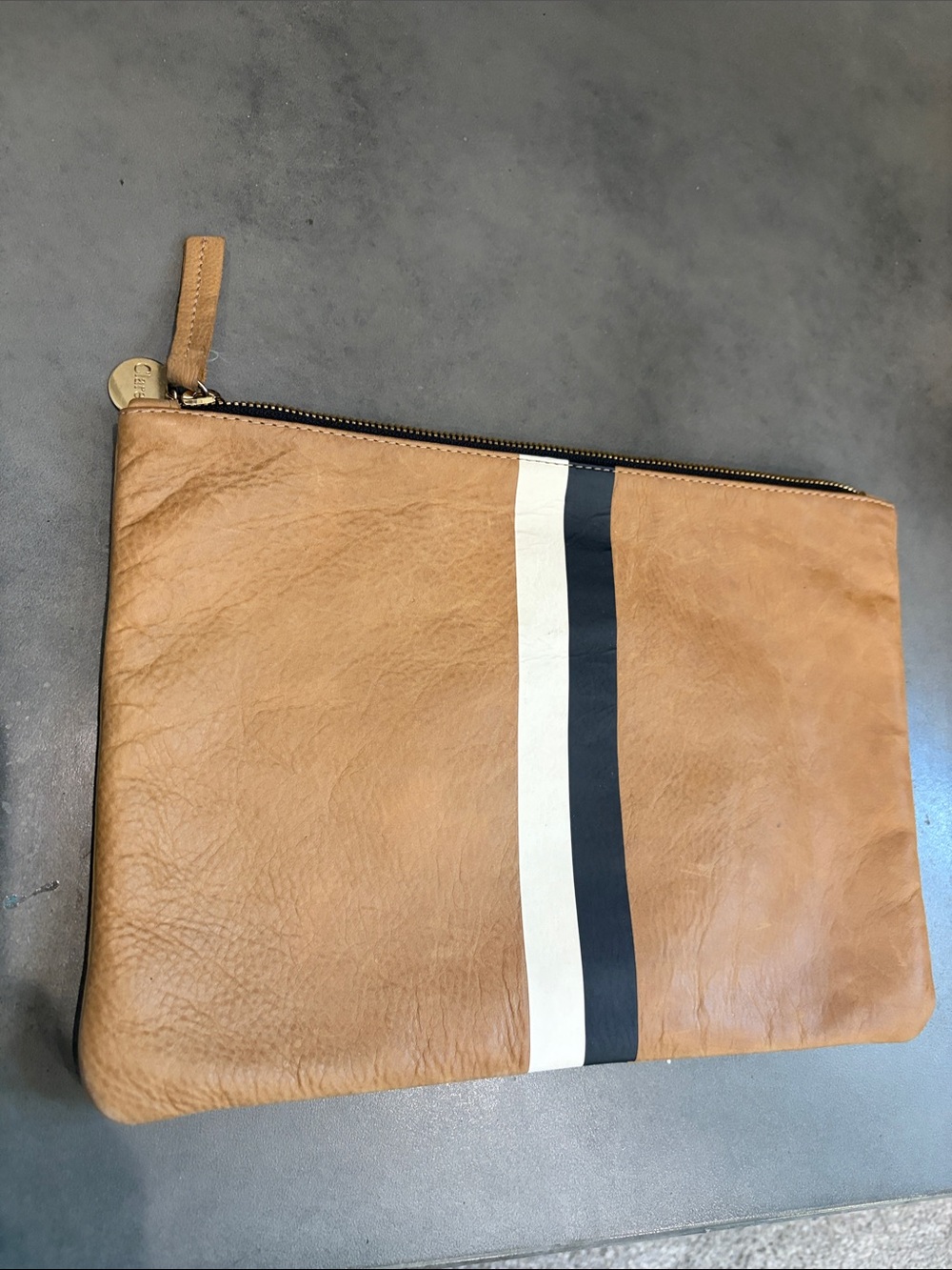Clare V Stripe Leather Travel Pouch – Tan with White & Black Stripe